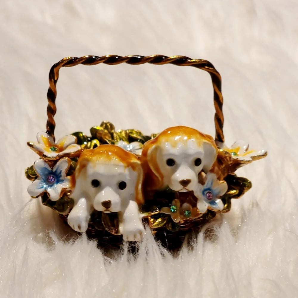Bejeweled Puppies in Basket Hinged Metal Enameled Trinket Box  - New